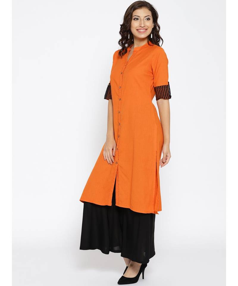 orange plain cotton stitched kurti