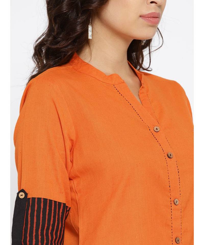 orange plain cotton stitched kurti