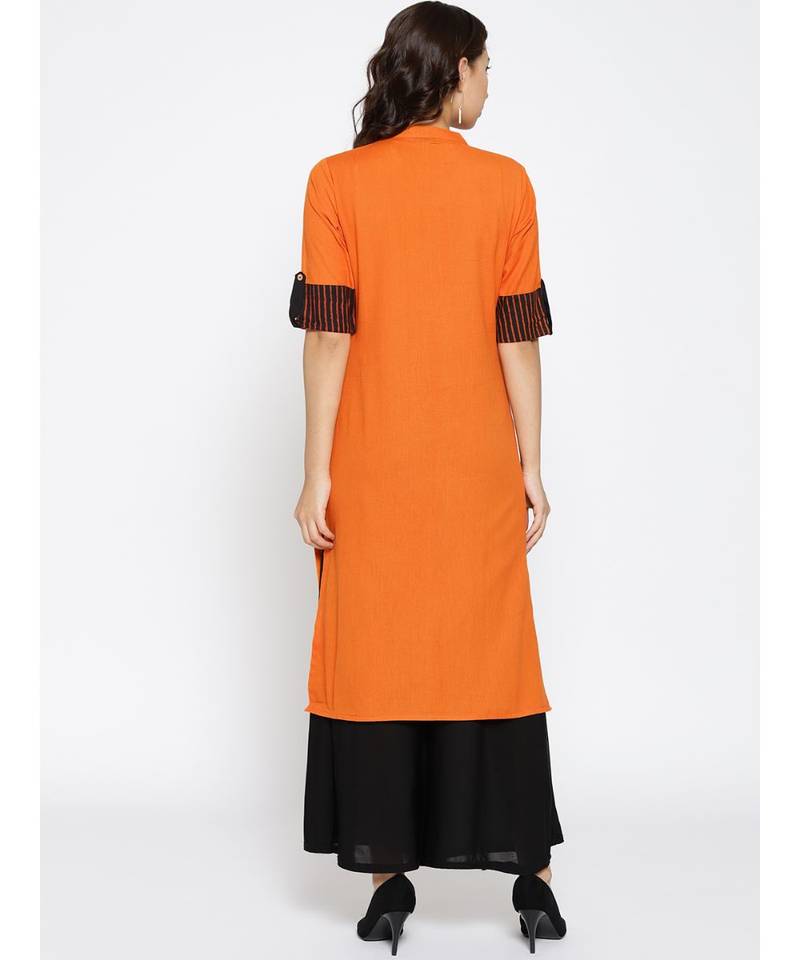 orange plain cotton stitched kurti