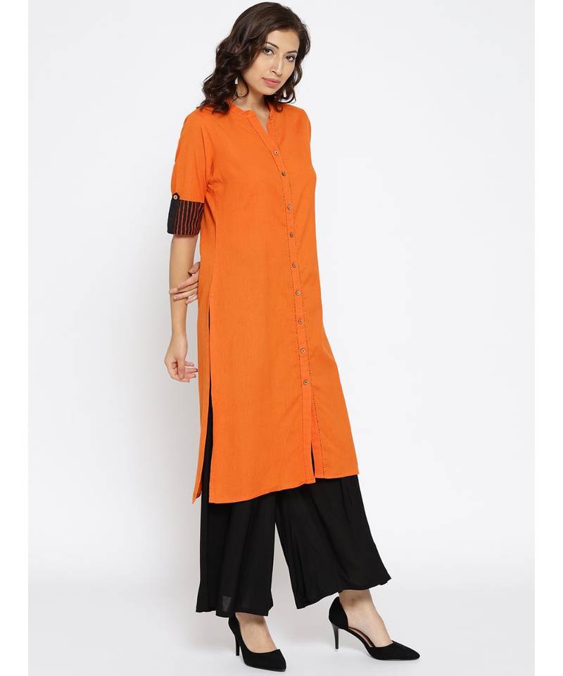 orange plain cotton stitched kurti