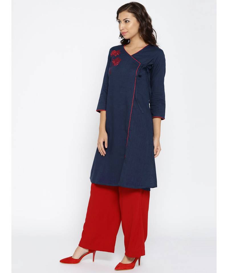 blue embroidered cotton stitched kurti