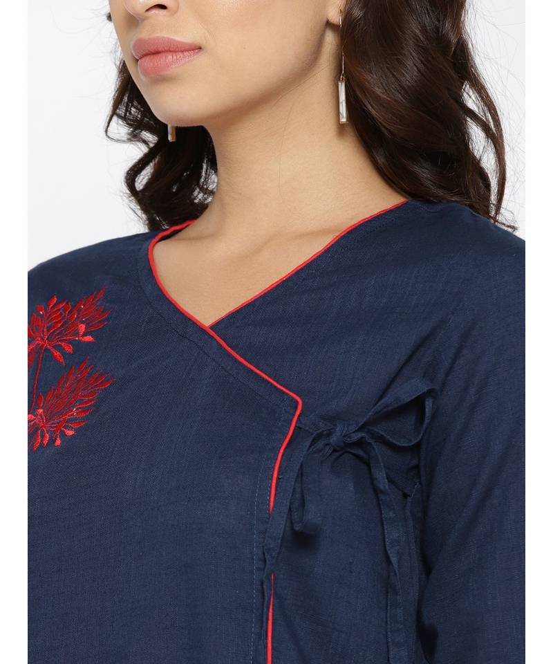 blue embroidered cotton stitched kurti