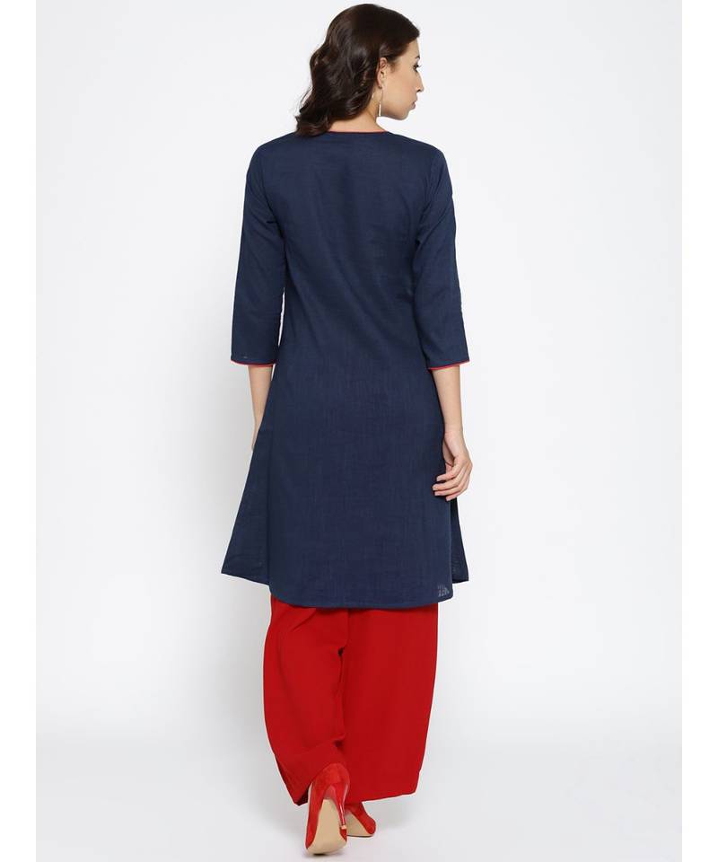 blue embroidered cotton stitched kurti