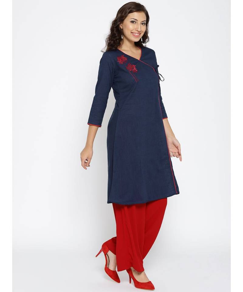 blue embroidered cotton stitched kurti