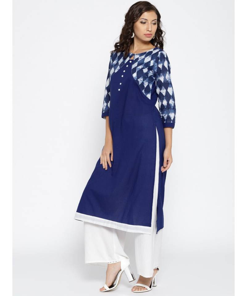 blue printed cotton stitched kurti
