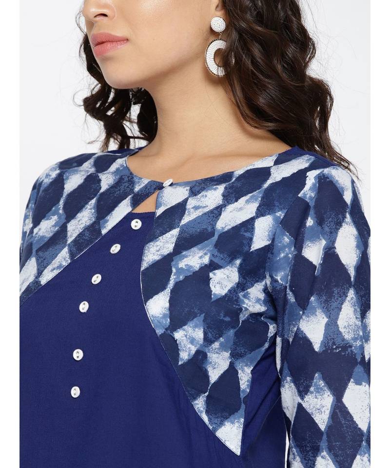 blue printed cotton stitched kurti