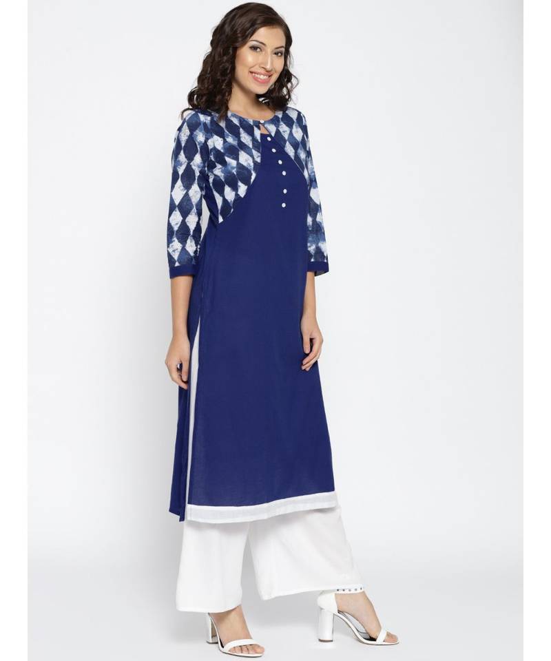blue printed cotton stitched kurti