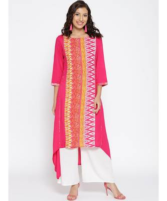pink printed rayon stitched kurti 1