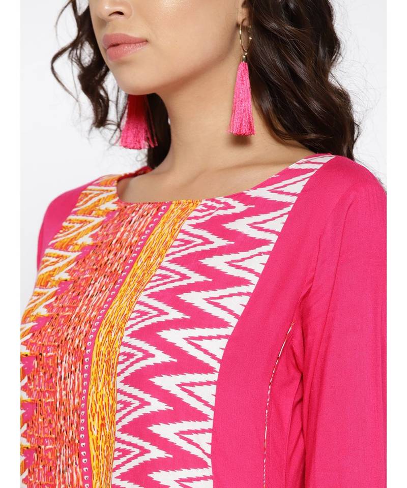 pink printed rayon stitched kurti