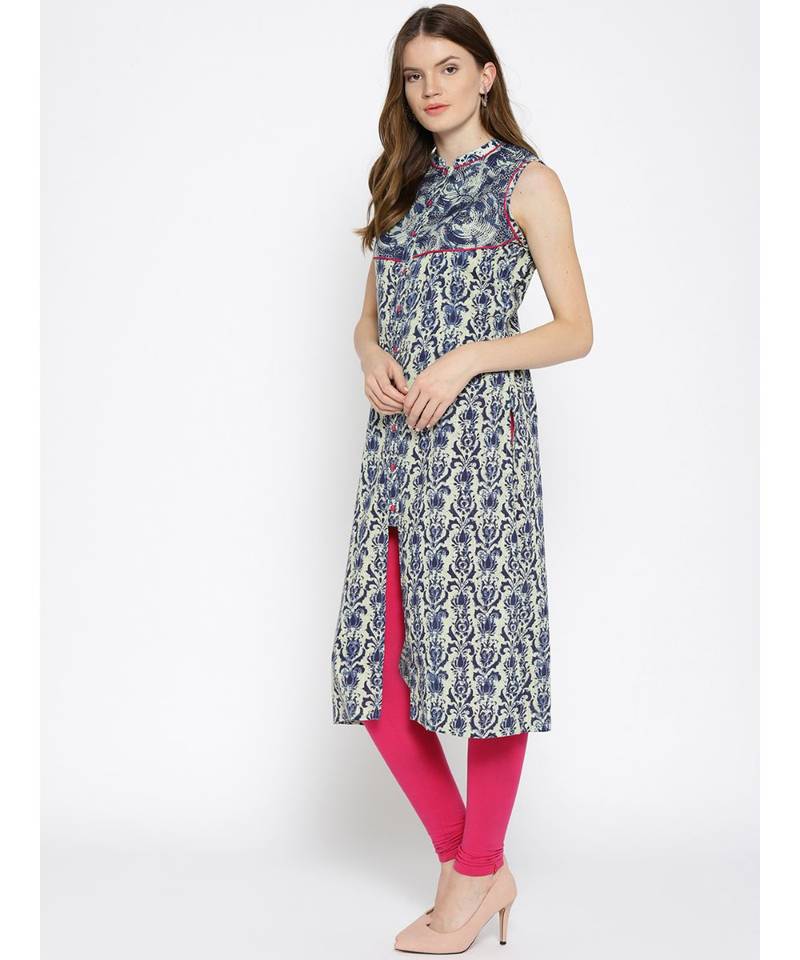 blue printed cotton stitched kurti