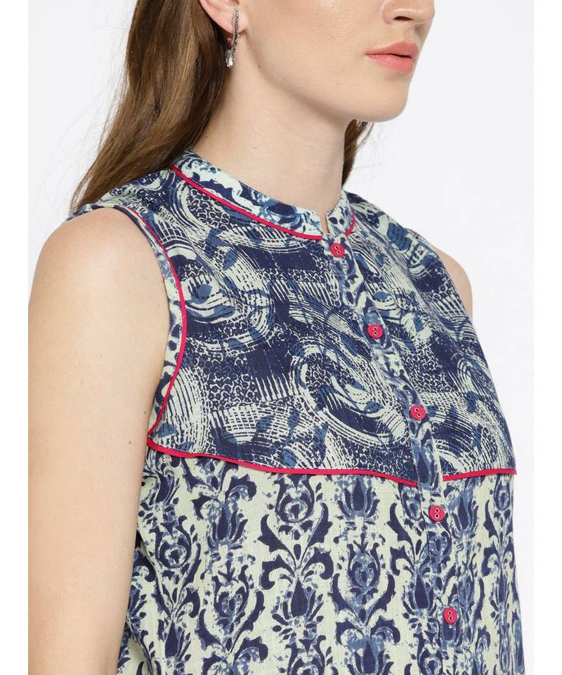 blue printed cotton stitched kurti