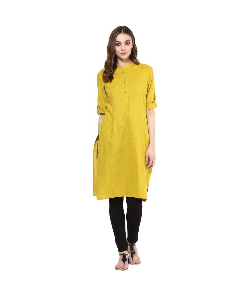 yellow plain cotton stitched kurti