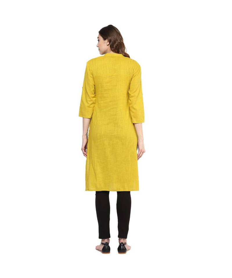 yellow plain cotton stitched kurti
