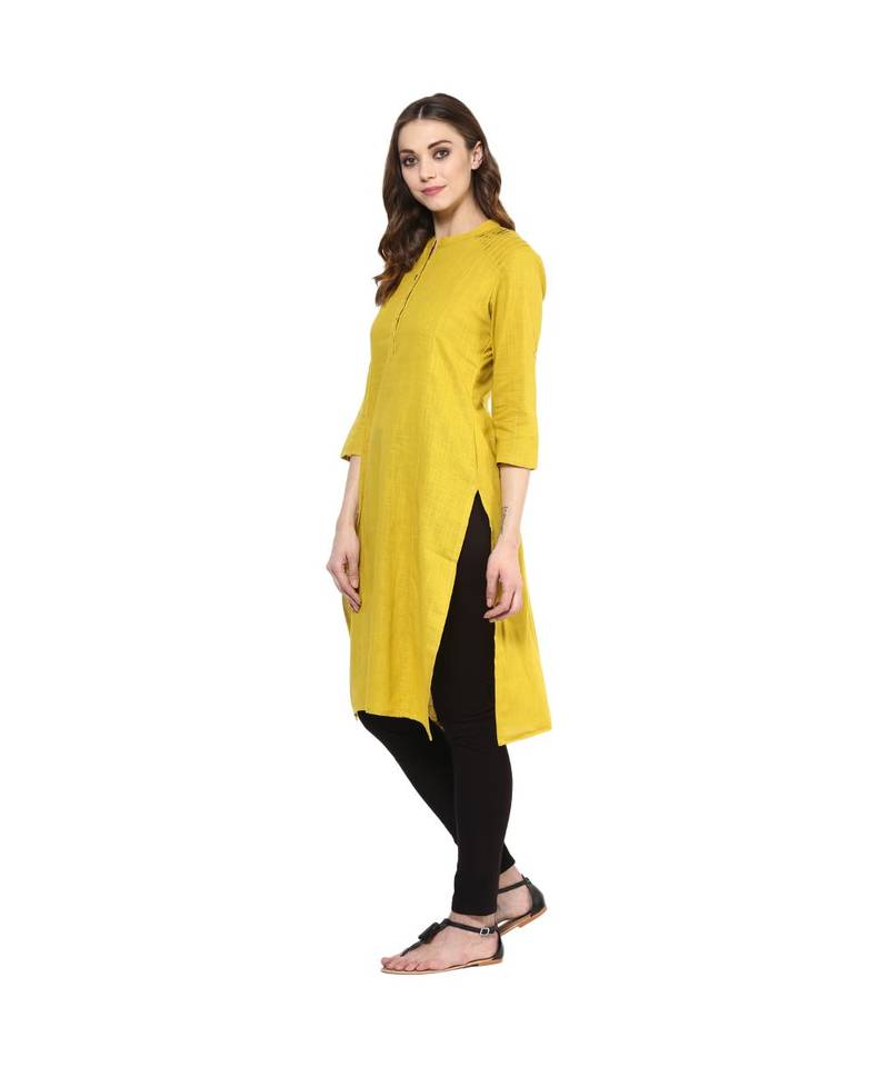 yellow plain cotton stitched kurti