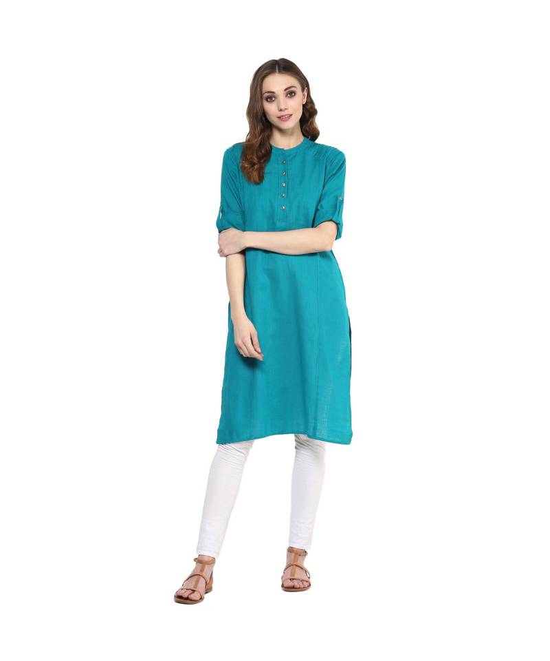 green plain cotton stitched kurti