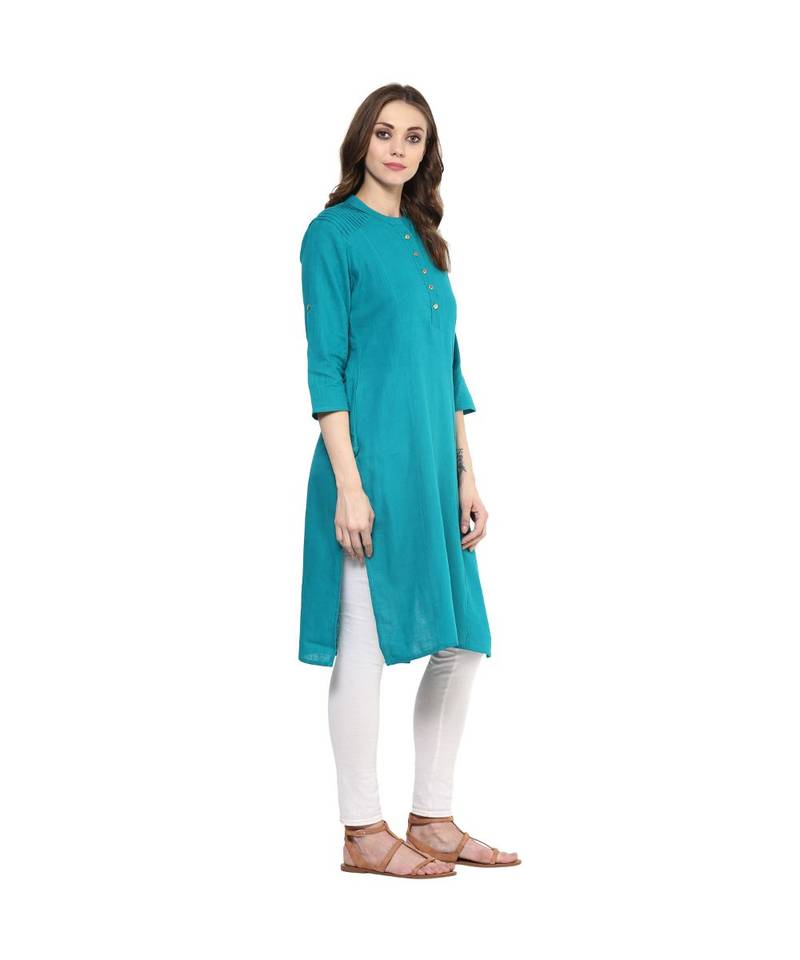 green plain cotton stitched kurti