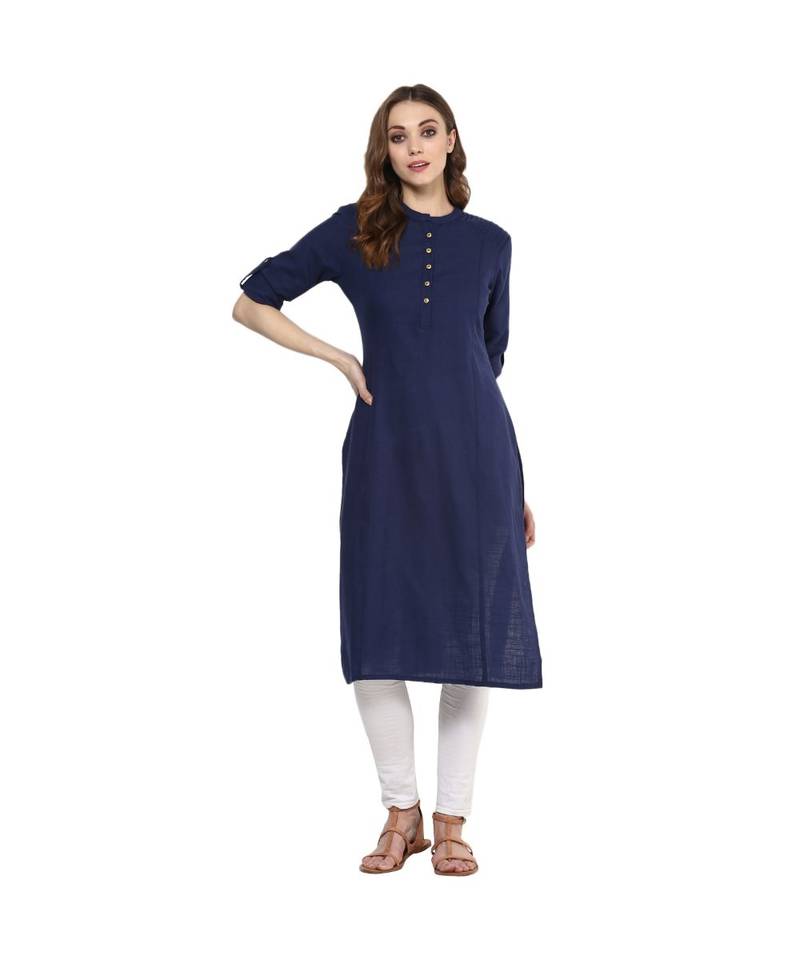 blue plain cotton stitched kurti