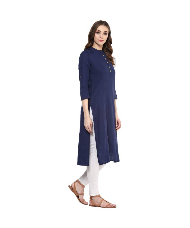blue plain cotton stitched kurti