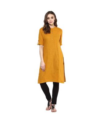 mustard plain cotton stitched kurti 1