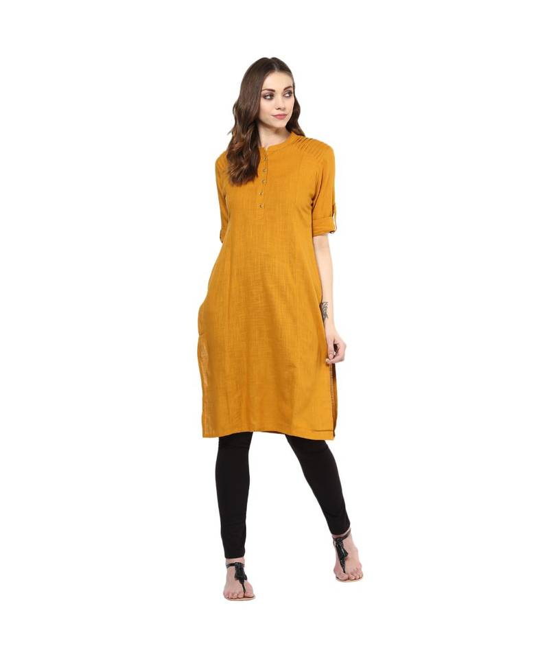 mustard plain cotton stitched kurti