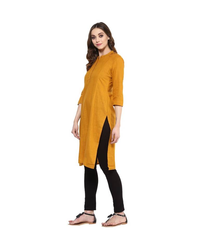 mustard plain cotton stitched kurti