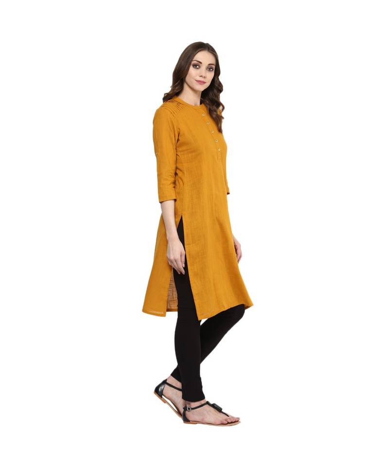 mustard plain cotton stitched kurti