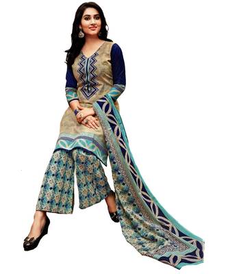 Beige Printed Cotton Unstitched Salwar With Dupatta 1