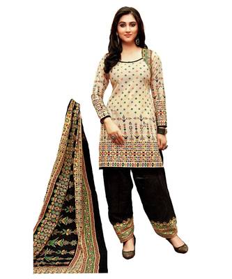 Beige Printed Cotton Unstitched Salwar With Dupatta 1