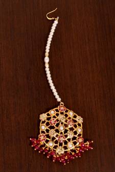 Ruby Embellished Gold Plated Designer Jadau Maang Tikka