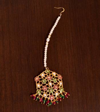 Ruby and Emerald Embellished Gold Plated Designer Jadau Maang Tikka 1