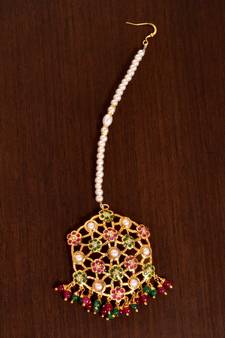 Ruby and Emerald Embellished Gold Plated Designer Jadau Maang Tikka