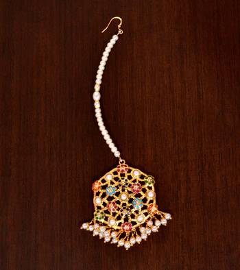 Navratans Stone Embellished Gold Plated Designer Jadau Maang Tikka 1