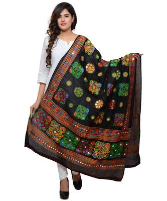 Women's Pure Cotton Aari Embroidery & Foil Mirrors Dupatta (Chakachak) Black - CHK01 1