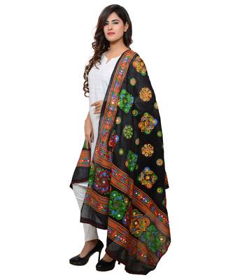 Women's Pure Cotton Aari Embroidery & Foil Mirrors Dupatta (Chakachak) Black - CHK01 2