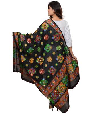 Women's Pure Cotton Aari Embroidery & Foil Mirrors Dupatta (Chakachak) Black - CHK01 3