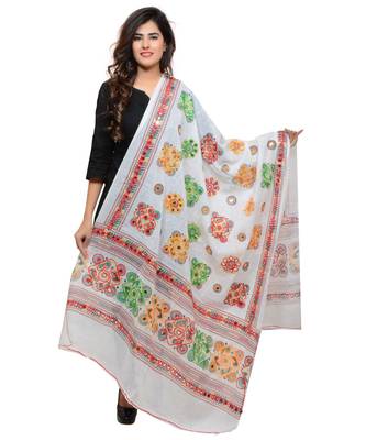 Women's Pure Cotton Aari Embroidery & Foil Mirrors Dupatta (Chakachak) White - CHK02 1