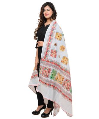 Women's Pure Cotton Aari Embroidery & Foil Mirrors Dupatta (Chakachak) White - CHK02 2
