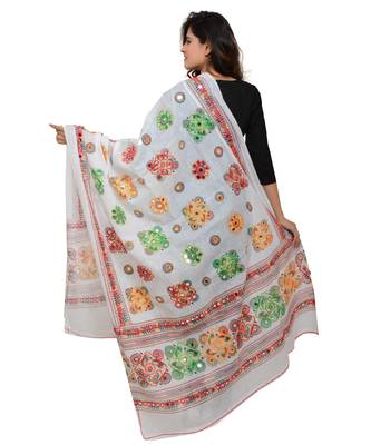 Women's Pure Cotton Aari Embroidery & Foil Mirrors Dupatta (Chakachak) White - CHK02 3