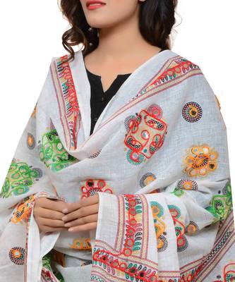 Women's Pure Cotton Aari Embroidery & Foil Mirrors Dupatta (Chakachak) White - CHK02 4