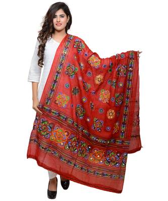 Women's Pure Cotton Aari Embroidery & Foil Mirrors Dupatta (Chakachak) Red - CHK03 1