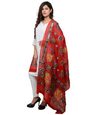 Women's Pure Cotton Aari Embroidery & Foil Mirrors Dupatta (Chakachak) Red - CHK03 2