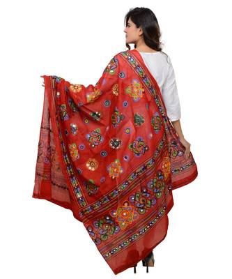 Women's Pure Cotton Aari Embroidery & Foil Mirrors Dupatta (Chakachak) Red - CHK03 3