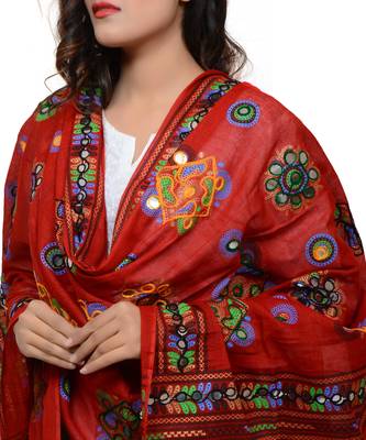 Women's Pure Cotton Aari Embroidery & Foil Mirrors Dupatta (Chakachak) Red - CHK03 4