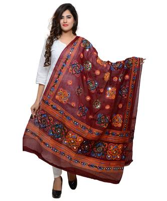 Women's Pure Cotton Aari Embroidery & Foil Mirrors Dupatta (Chakachak) Maroon - CHK04 1