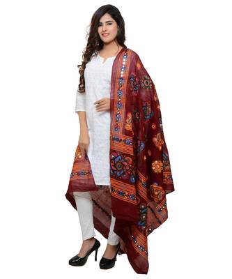 Women's Pure Cotton Aari Embroidery & Foil Mirrors Dupatta (Chakachak) Maroon - CHK04 2