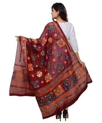 Women's Pure Cotton Aari Embroidery & Foil Mirrors Dupatta (Chakachak) Maroon - CHK04 3