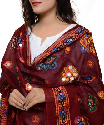 Women's Pure Cotton Aari Embroidery & Foil Mirrors Dupatta (Chakachak) Maroon - CHK04 4