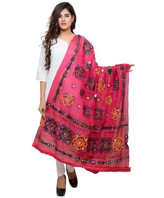 Women's Pure Cotton Aari Embroidery & Foil Mirrors Dupatta (Chakachak) Pink - CHK09 1