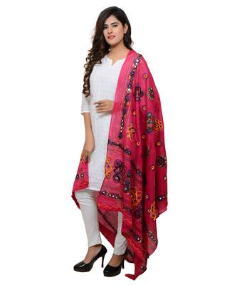 Women's Pure Cotton Aari Embroidery & Foil Mirrors Dupatta (Chakachak) Pink - CHK09 2