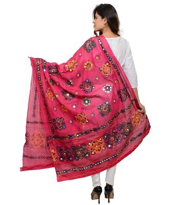 Women's Pure Cotton Aari Embroidery & Foil Mirrors Dupatta (Chakachak) Pink - CHK09 3